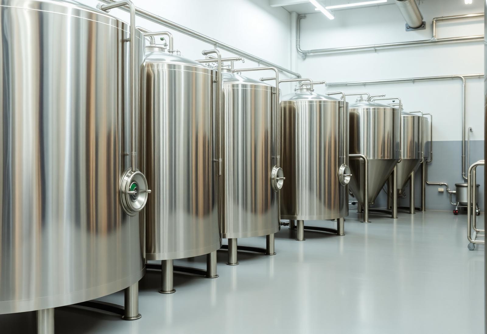 Polished stainless-steel olive oil storage tanks in the Arbri Olive Oil factory