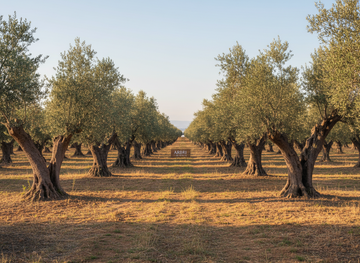 A panoramic, wide-angle photographic view of an orderly olive grove supplying Arbri Olive Oil, featuring rows of mature olive trees with silvery-green leaves and gnarled trunks stretching into the distance. The ground is covered with dry, light-brown soil and patches of grass, perfectly aligned to show careful cultivation. Late afternoon golden hour light washes the scene in warm tones, casting long, soft shadows between the rows. The sky is clear and pale blue, occupying the upper third of the frame. Shot at eye level with sharp focus throughout, the image feels serene, authentic, and grounded, emphasizing tradition, natural origin, and reliability for a professional olive oil business website.