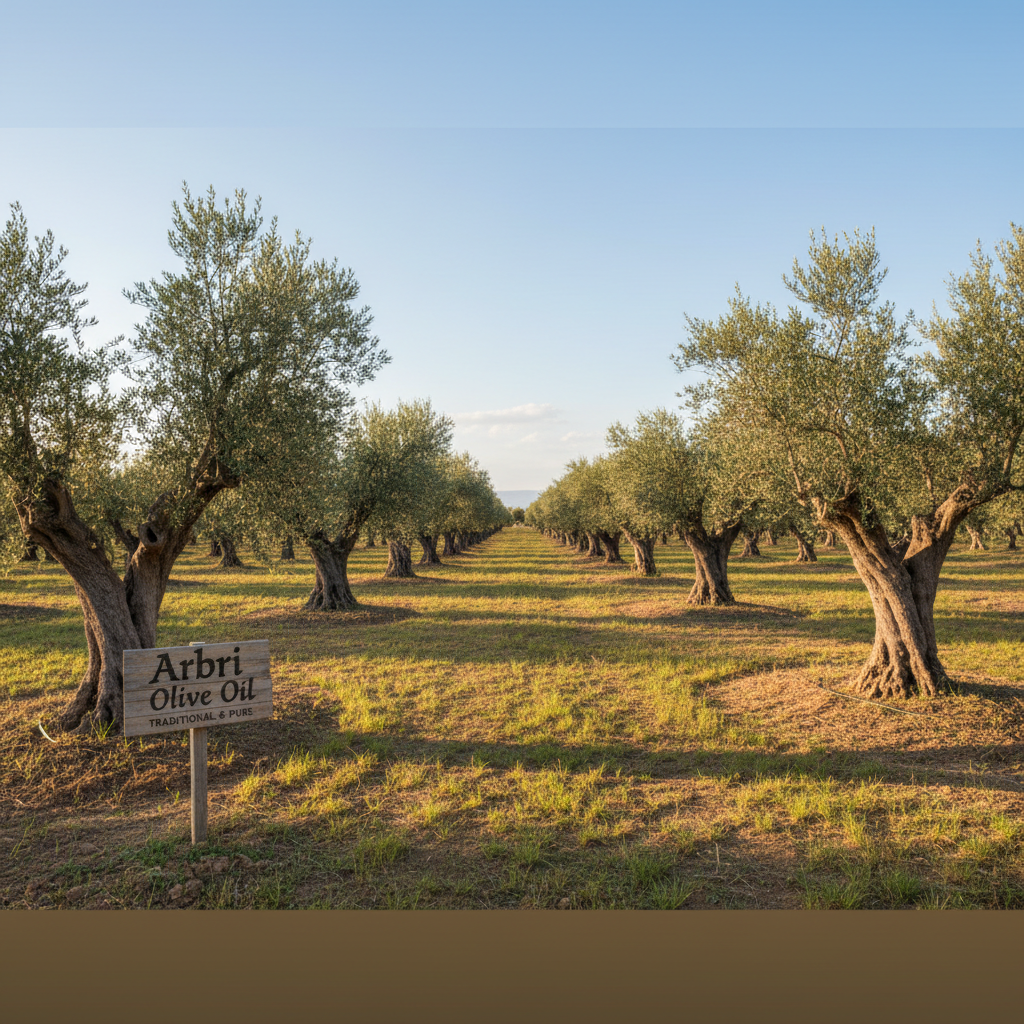 A panoramic, wide-angle photographic view of an orderly olive grove supplying Arbri Olive Oil, featuring rows of mature olive trees with silvery-green leaves and gnarled trunks stretching into the distance. The ground is covered with dry, light-brown soil and patches of grass, perfectly aligned to show careful cultivation. Late afternoon golden hour light washes the scene in warm tones, casting long, soft shadows between the rows. The sky is clear and pale blue, occupying the upper third of the frame. Shot at eye level with sharp focus throughout, the image feels serene, authentic, and grounded, emphasizing tradition, natural origin, and reliability for a professional olive oil business website.