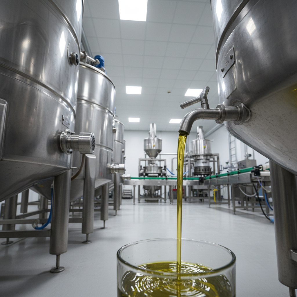 A stainless-steel olive oil production line in the Arbri factory, featuring polished modern machinery, cylindrical storage tanks, and a clear stream of fresh greenish-gold olive oil flowing into a container. The floor is spotless and light-colored, with neatly arranged equipment in the background, softly blurred. Cool, bright factory lighting from overhead panels illuminates every metallic surface, giving a sense of precision and hygiene. Captured from a slightly low, diagonal angle to emphasize scale and professionalism, with sharp focus throughout. The atmosphere is efficient, reliable, and technical, rendered in photographic realism to highlight quality and trust in the manufacturing process.