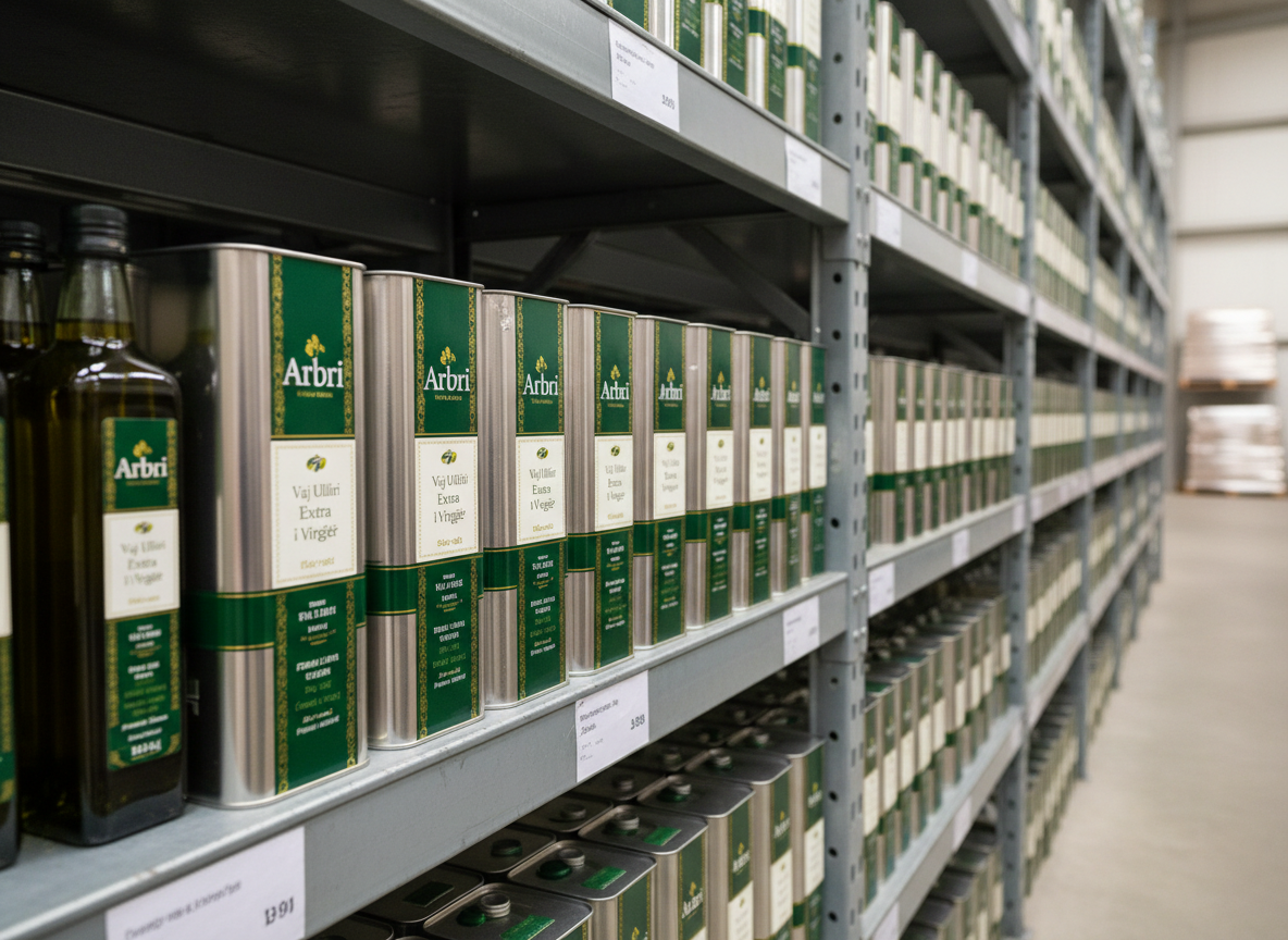 A detailed close-up of Arbri-branded olive oil metal tins and glass bottles arranged on industrial shelving inside a warehouse, all labels facing outward with consistent alignment. The packaging is clean and modern, featuring green and gold accents with clear product information in Albanian. Neutral gray shelving contrasts with the rich colors of the packaging. Bright, even warehouse lighting illuminates the scene without harsh shadows, highlighting order and abundance. Captured from a side angle along the shelf, with the nearest products in sharp focus and the line of packaging gently fading into blur. The mood is organized, dependable, and businesslike, with realistic photography that underscores scale and supply reliability.