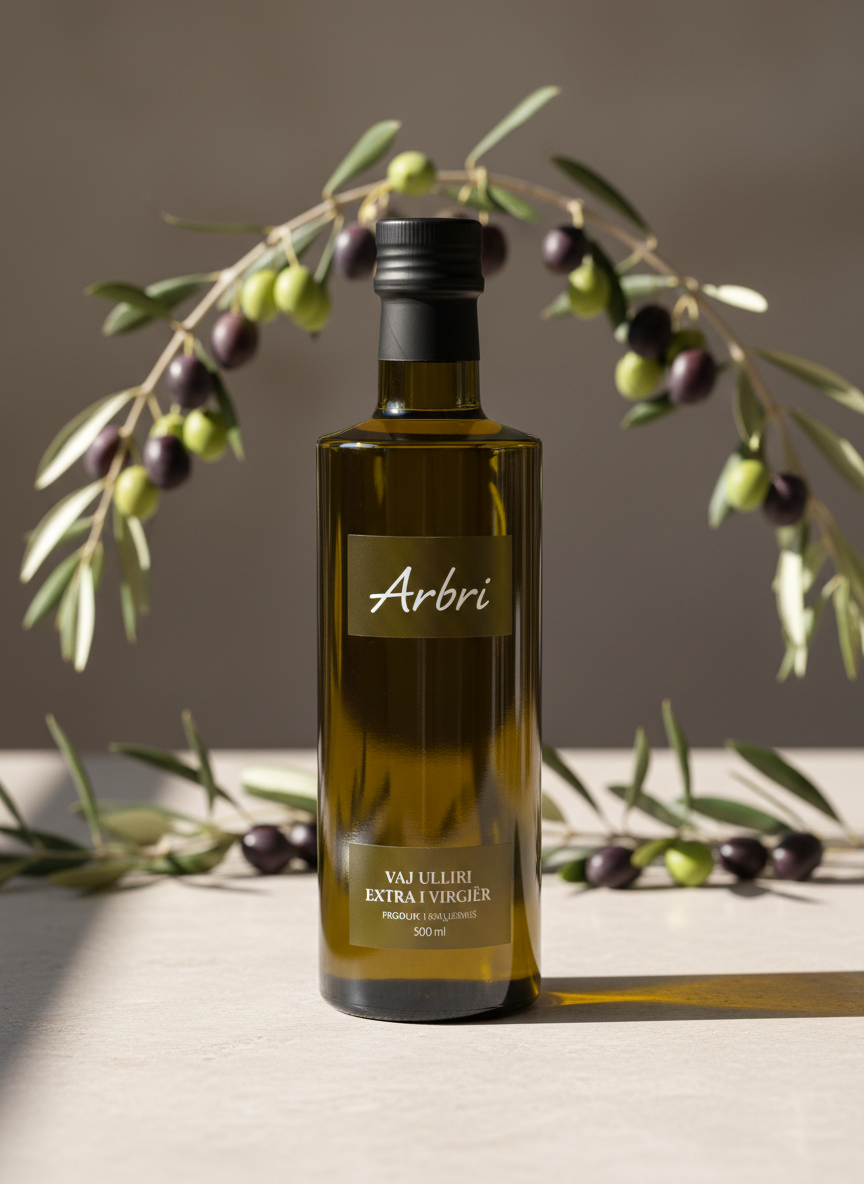 A premium glass bottle of Arbri extra virgin olive oil with a deep green-gold hue, clean minimalist label in Albanian, and matte black cap, standing upright on a smooth, light stone surface. Behind it, rustic olive branches with ripe green and purple olives gently rest, slightly out of focus. Soft natural daylight from the left creates elegant reflections on the glass and subtle shadows on the stone. Shot at eye level with a shallow depth of field, the composition is centered and uncluttered. The mood is professional, trustworthy, and refined, with photographic realism and a clean, modern aesthetic ideal for a business homepage hero image.