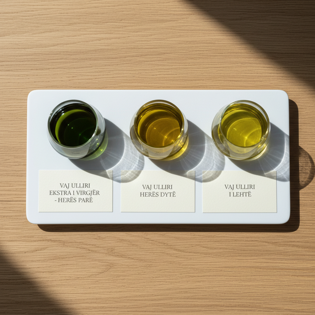 An overhead view of a neatly arranged tasting setup featuring three small transparent glass cups filled with Arbri olive oil in varying shades of green-gold, aligned on a matte white rectangular tray. Each cup sits on a small, labeled card with simple, elegant typography in Albanian. The tray rests on a light oak table with subtle texture. Soft diffused daylight from above-left minimizes harsh shadows while still giving the oil a luminous glow. The composition follows a minimalist, top-down photographic style with balanced negative space and crisp focus, conveying precision, expertise, and a professional quality-control atmosphere suitable for a serious olive oil brand.