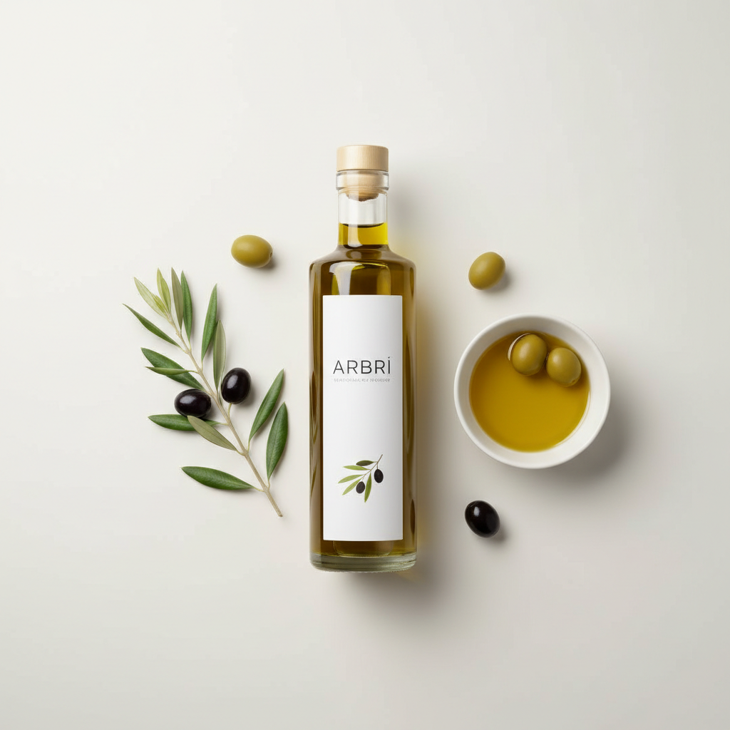 A sleek, minimalist product flat lay showcasing Arbri olive oil on a matte, off-white background. At the center lies a single tall glass bottle of olive oil, label perfectly readable, surrounded by simple elements: a small olive branch, a white ceramic dipping bowl with oil, and a few scattered olives. Soft studio lighting from both sides reduces shadows and enhances the clarity of every element, while a subtle top light adds a gentle highlight along the bottle’s edge. Captured from directly overhead with precise alignment and ample negative space, the composition feels modern, premium, and professional, ideal for catalog, ecommerce, or branding use in a high-quality photographic style.