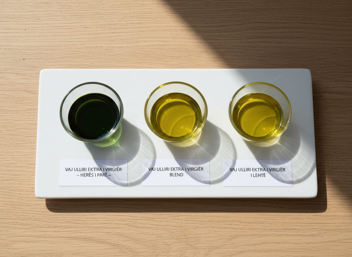 An overhead view of a neatly arranged tasting setup featuring three small transparent glass cups filled with Arbri olive oil in varying shades of green-gold, aligned on a matte white rectangular tray. Each cup sits on a small, labeled card with simple, elegant typography in Albanian. The tray rests on a light oak table with subtle texture. Soft diffused daylight from above-left minimizes harsh shadows while still giving the oil a luminous glow. The composition follows a minimalist, top-down photographic style with balanced negative space and crisp focus, conveying precision, expertise, and a professional quality-control atmosphere suitable for a serious olive oil brand.