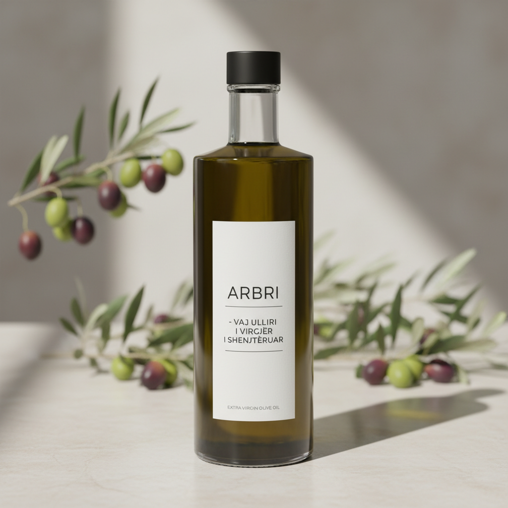 A premium glass bottle of Arbri extra virgin olive oil with a deep green-gold hue, clean minimalist label in Albanian, and matte black cap, standing upright on a smooth, light stone surface. Behind it, rustic olive branches with ripe green and purple olives gently rest, slightly out of focus. Soft natural daylight from the left creates elegant reflections on the glass and subtle shadows on the stone. Shot at eye level with a shallow depth of field, the composition is centered and uncluttered. The mood is professional, trustworthy, and refined, with photographic realism and a clean, modern aesthetic ideal for a business homepage hero image.