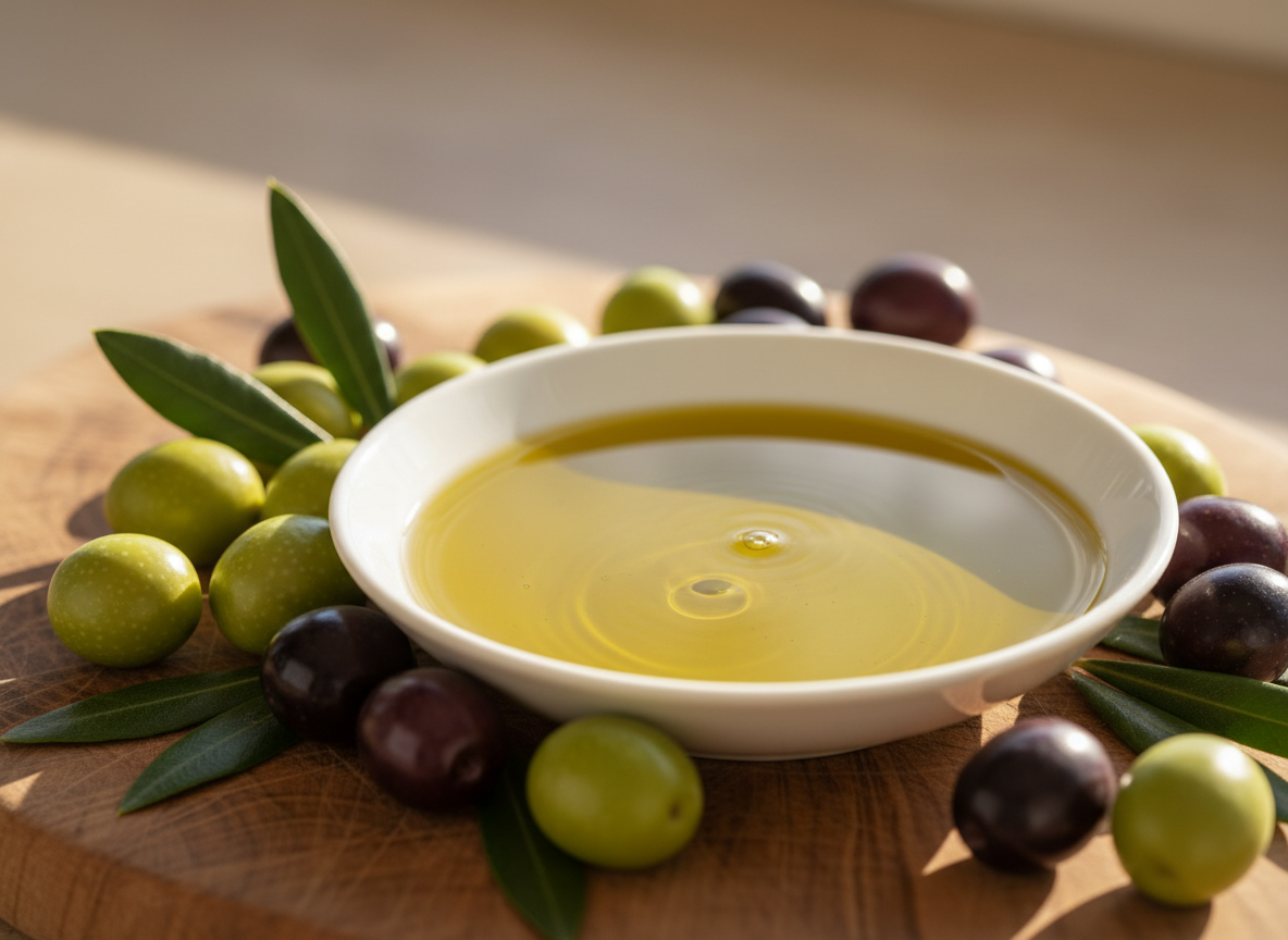 A close-up of a shallow, white porcelain dish filled with rich, golden-green Arbri olive oil, its surface shimmering with delicate ripples. Around the dish lie freshly harvested olives, some green and some deep purple, and a few glossy olive leaves resting on a natural wooden board with visible grain. Warm afternoon sunlight streams from the right, creating gentle highlights on the oil and soft shadows beneath the olives. Shot from a slightly elevated angle using a shallow depth of field, the background fades into a soft blur of neutral tones. The mood is natural, artisanal, and inviting, with a clean, professional photographic style.