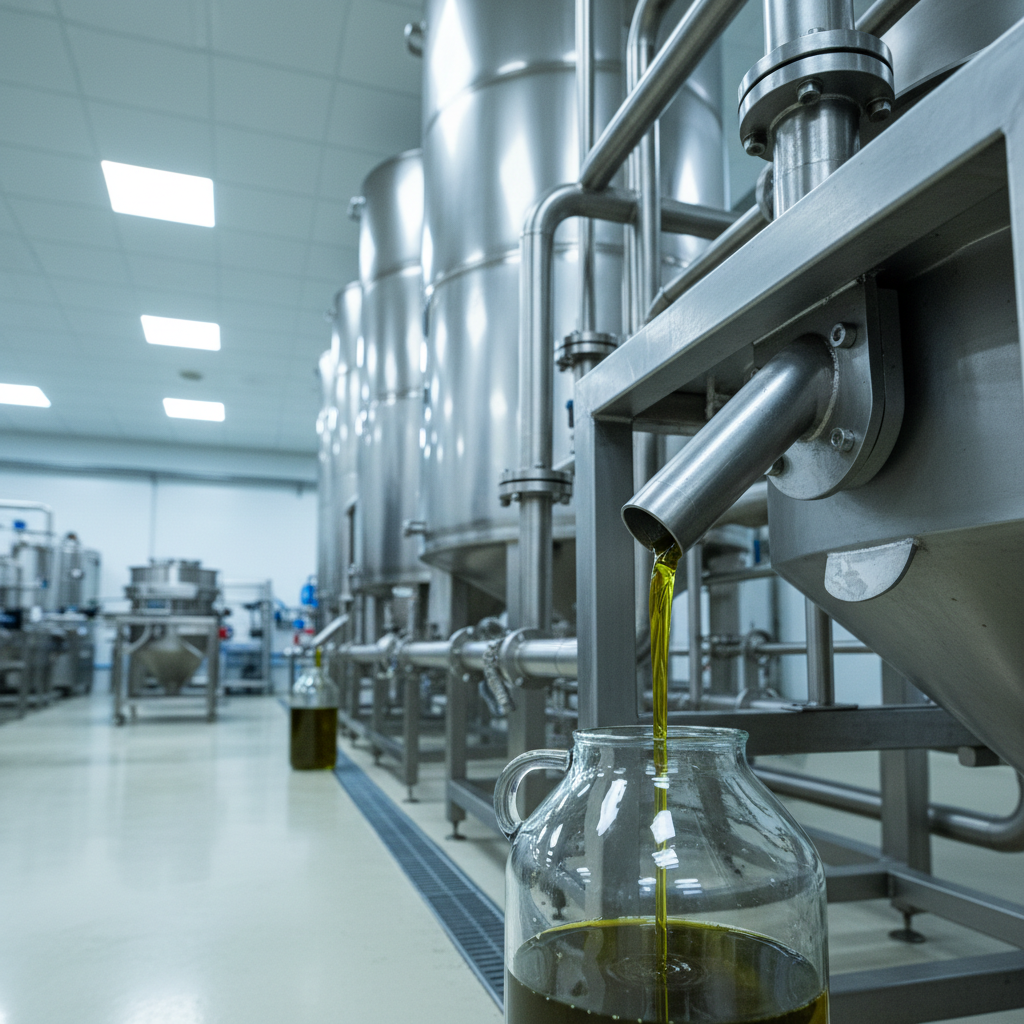 A stainless-steel olive oil production line in the Arbri factory, featuring polished modern machinery, cylindrical storage tanks, and a clear stream of fresh greenish-gold olive oil flowing into a container. The floor is spotless and light-colored, with neatly arranged equipment in the background, softly blurred. Cool, bright factory lighting from overhead panels illuminates every metallic surface, giving a sense of precision and hygiene. Captured from a slightly low, diagonal angle to emphasize scale and professionalism, with sharp focus throughout. The atmosphere is efficient, reliable, and technical, rendered in photographic realism to highlight quality and trust in the manufacturing process.