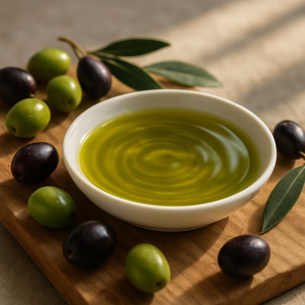 A close-up of a shallow, white porcelain dish filled with rich, golden-green Arbri olive oil, its surface shimmering with delicate ripples. Around the dish lie freshly harvested olives, some green and some deep purple, and a few glossy olive leaves resting on a natural wooden board with visible grain. Warm afternoon sunlight streams from the right, creating gentle highlights on the oil and soft shadows beneath the olives. Shot from a slightly elevated angle using a shallow depth of field, the background fades into a soft blur of neutral tones. The mood is natural, artisanal, and inviting, with a clean, professional photographic style.