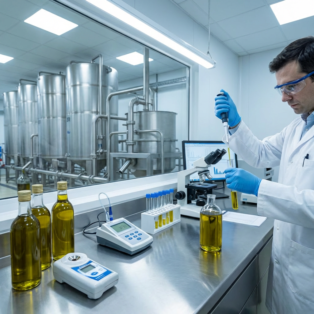 Scientist using a pipette to test yellow oil samples in a modern laboratory.